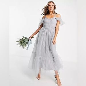 ASOS Size 10 Lace & Beads Bridesmaid Alicia cross back tulle dress in blue